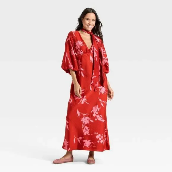 Open Box - A New Day - Women's Tie Neck Maxi Dress - A New Day Red Floral Red - Picture 1 of 3